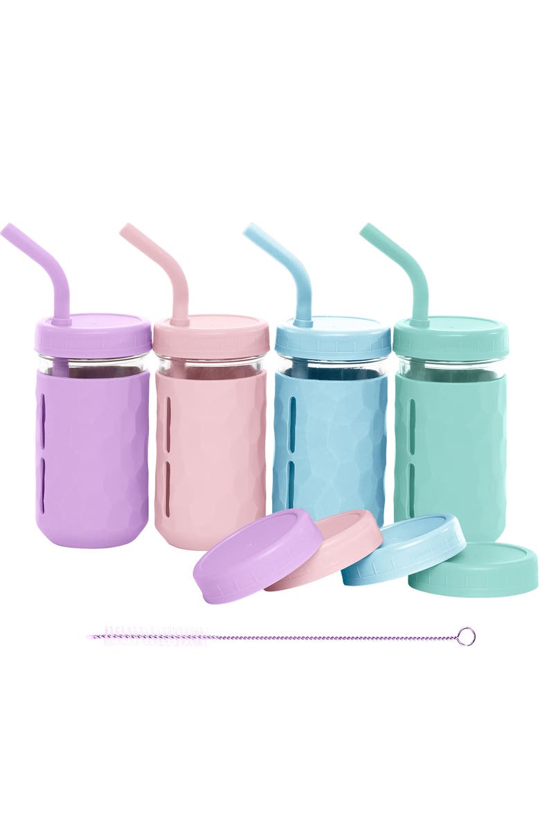 WeeSprout Glass Cups with Lids & Straws, Spill-resistant Cups for Toddlers & Kids - 8/12oz, Set of 4, Main, color, Green/Pink/Blue/Grey (12 Oz)