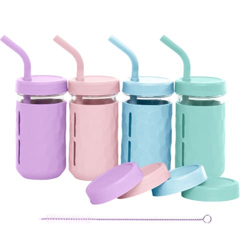 Glass Cups with Lids & Straws, Spill-resistant Cups for Toddlers & Kids - 8/12oz, Set of 4