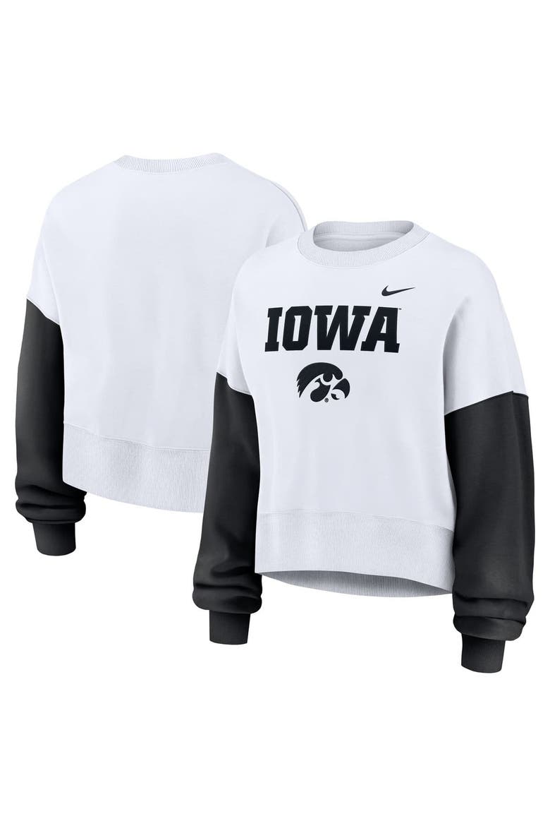 Women's Nike White Iowa Hawkeyes Color-Block Oversized Cropped Pullover Sweatshirt, Main, color, White