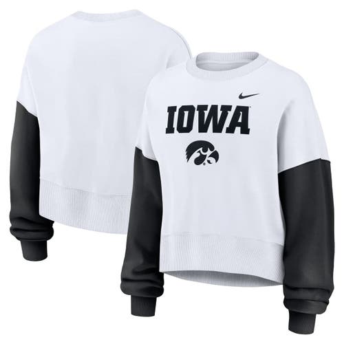 Nike Women's White Iowa Hawkeyes Color-block Oversized Cropped Pullover Sweatshirt In White