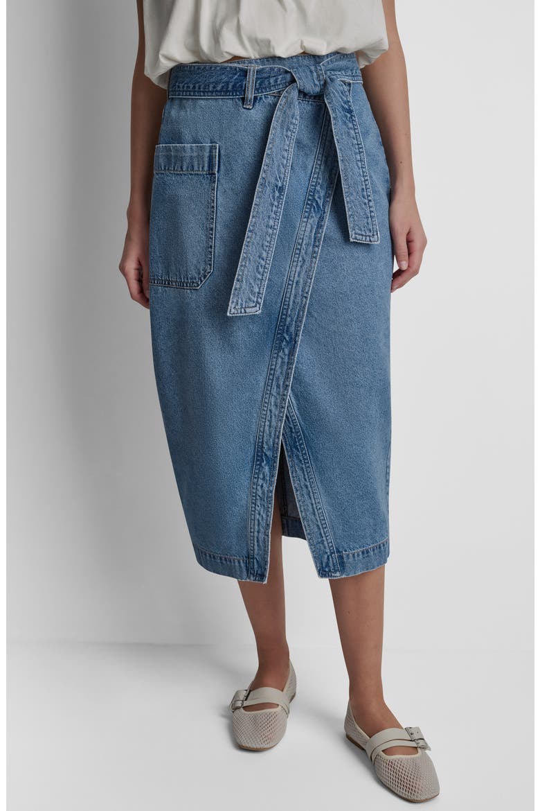 High Waist Wrap Denim Midi Skirt, Alternate, color, CROWN STRE