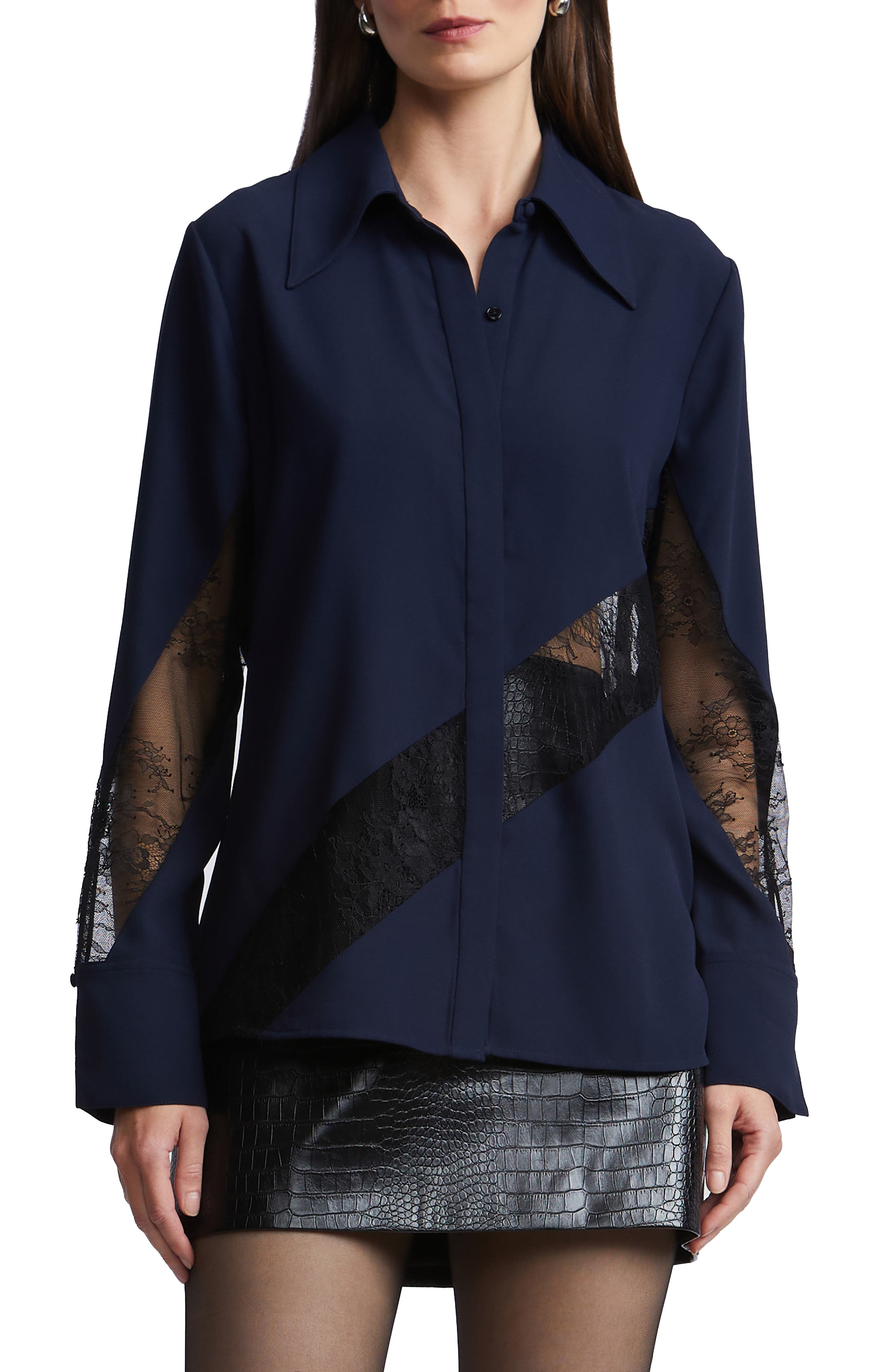 Bcbgmaxazria Lex Lace Inset Shirt In Blue