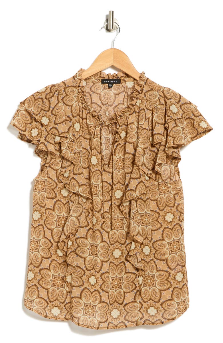 Pleione Ruffle Tie Neck Top, Alternate, color, Taupe Multi Retro Wallpaper