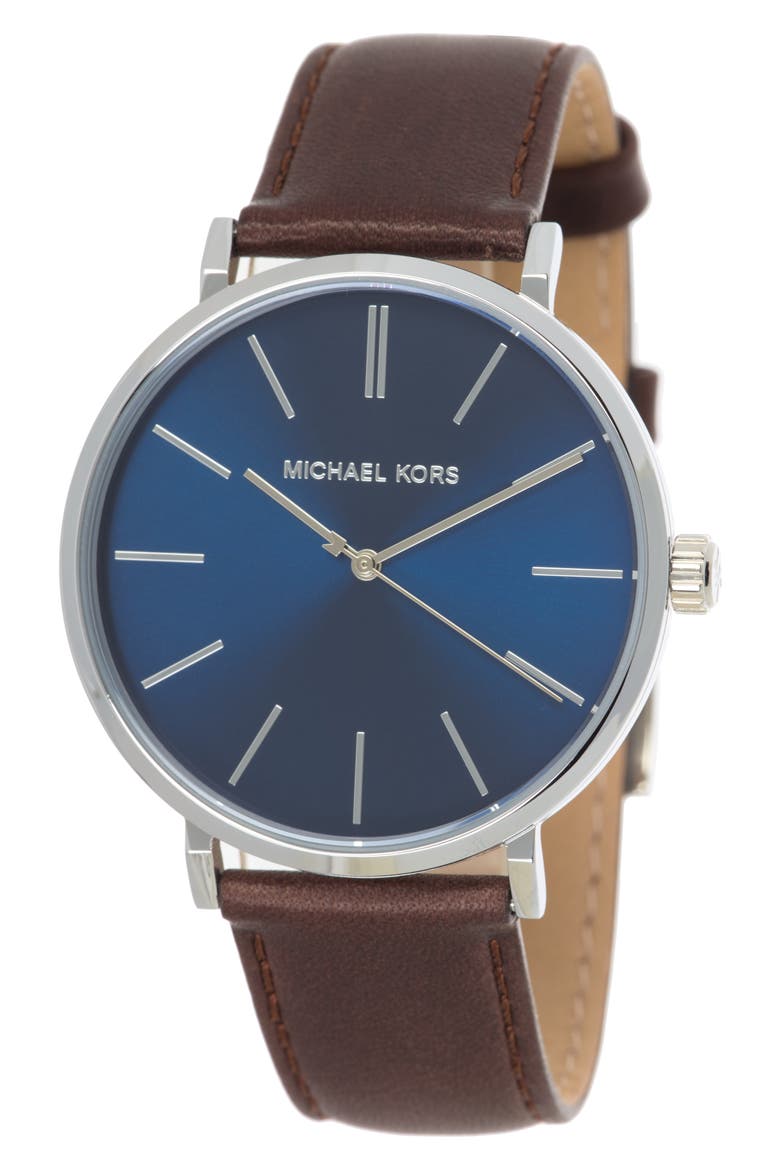 Men's Auden Three-Hand Brown Leather Watch, 42mm, Main, color, STAINLESS STEEL