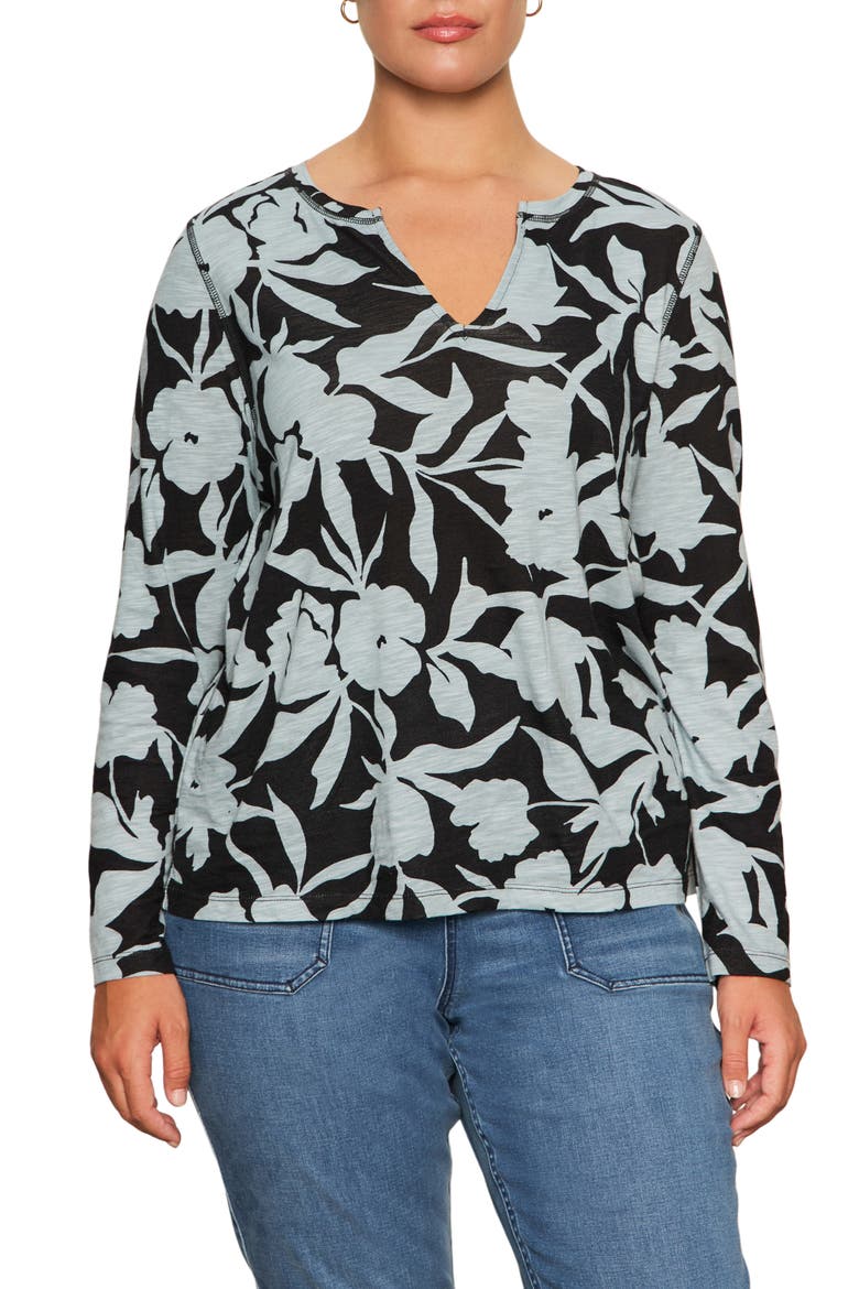 Perfect Notch Print Long Sleeve T-Shirt, Main, color, BLACK/ SKY GRAY FLORAL