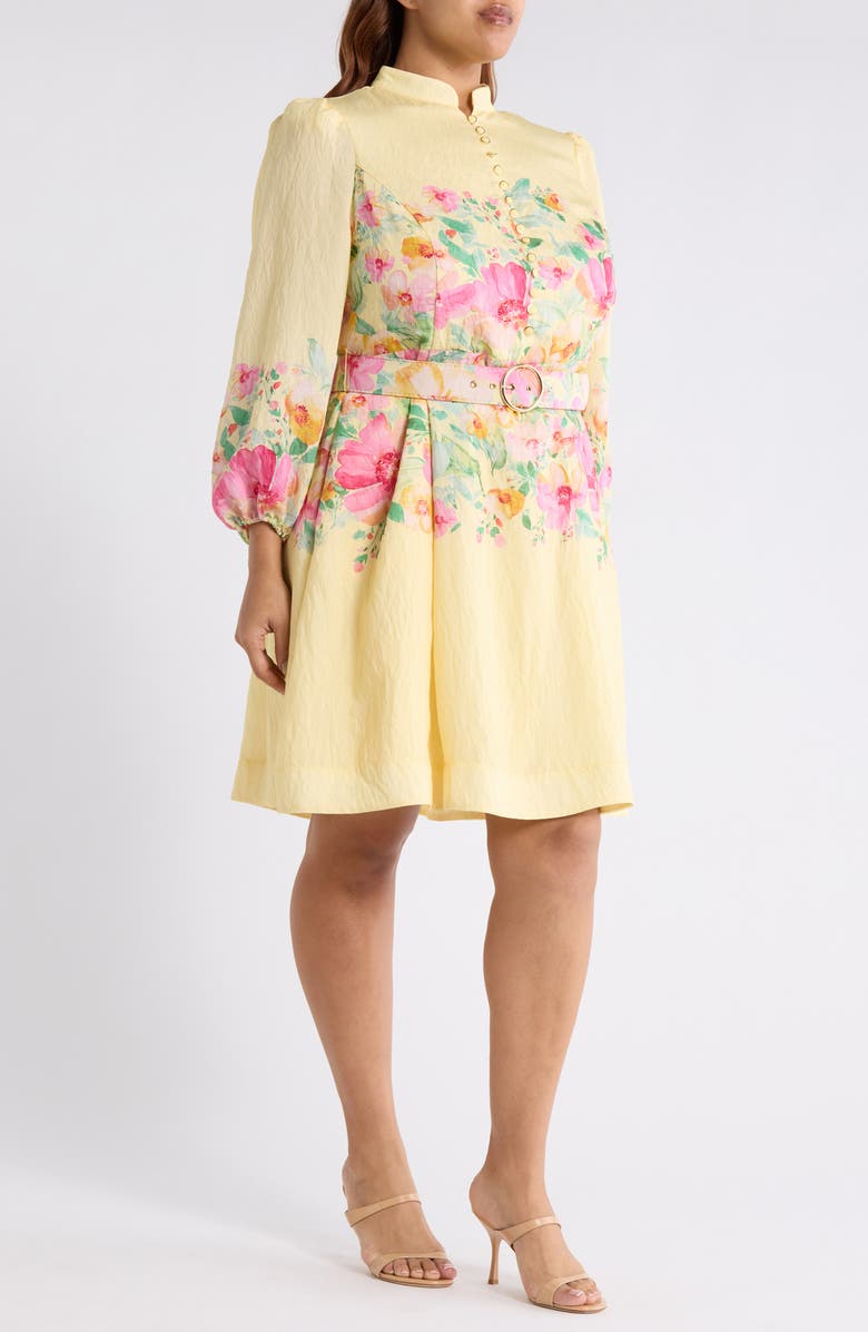 Tahari ASL Placed Floral Long Sleeve Dress, Alternate, color, Buttercup Multi