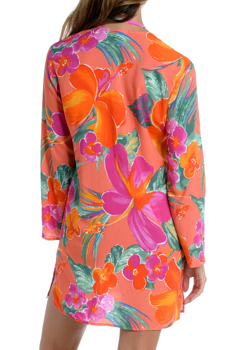 Isla Lace-Up Floral Cover-Up Tunic, Alternate, color, HOT CORAL