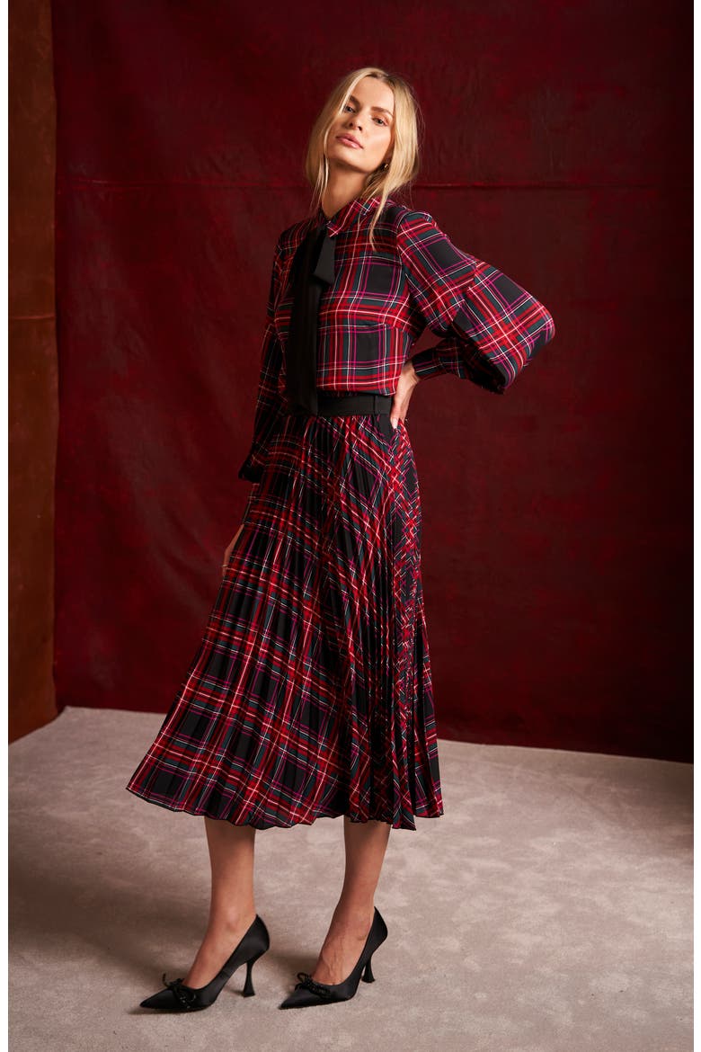 Plaid Pussy Bow Blouse, Alternate, color, RICH BLACK