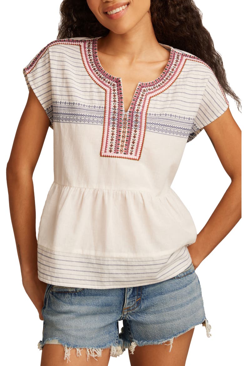 Embroidered Cotton Top, Main, color, CREAM AND NAVY JACQUARD