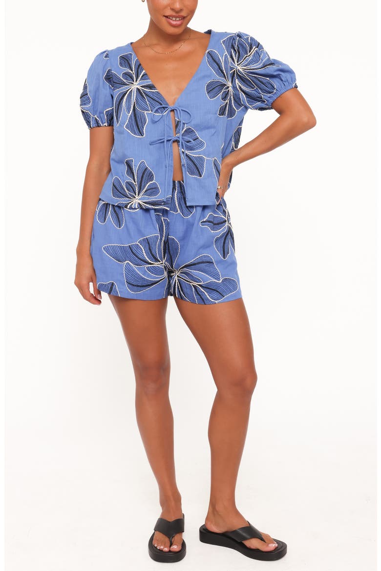 Asta Puff Sleeve Tie Front Top & Shorts Set, Main, color, BLUE FLORAL