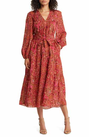 Paisley Long Sleeve Belted Midi Dress