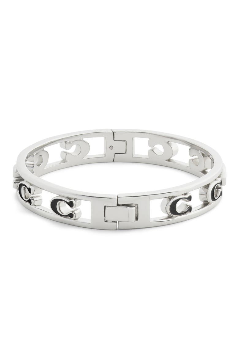 Signature C Open Enamel Hinge Bracelet, Alternate, color, BLACK/ RHODIUM