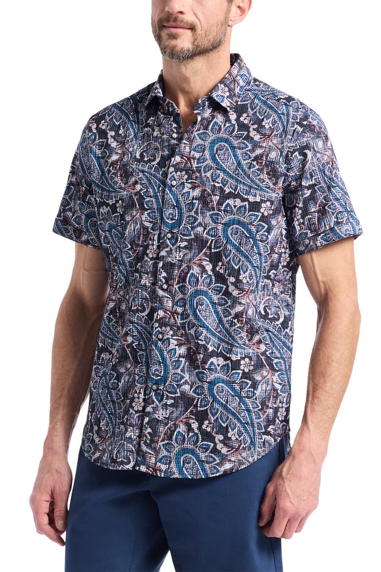 Barrington Floral Paisley Short Sleeve Cotton Crepe Button-Up Shirt, Alternate, color, BLUE MULTI