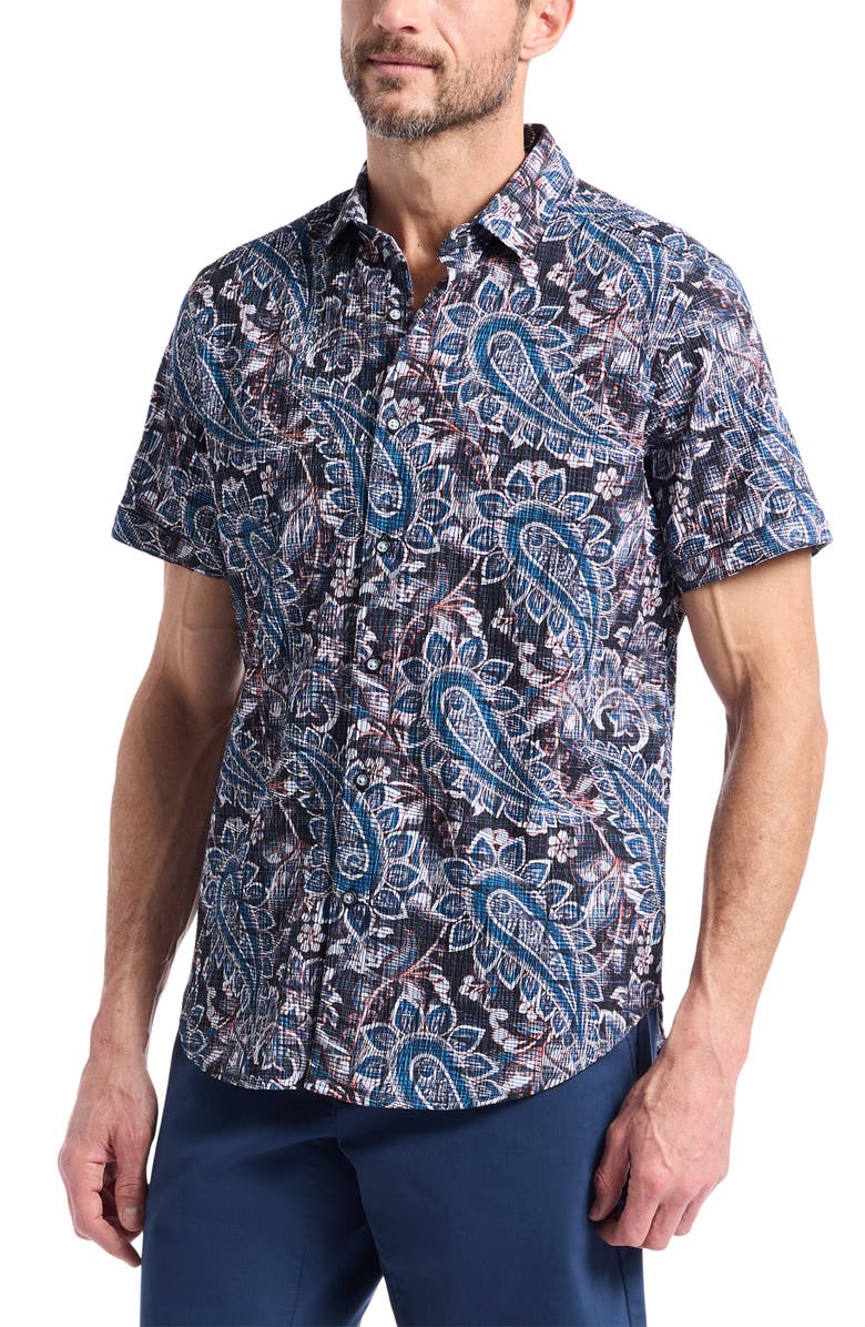Robert Graham Barrington Floral Paisley Short Sleeve Cotton Crepe Button-Up Shirt, Alternate, color, Blue Multi