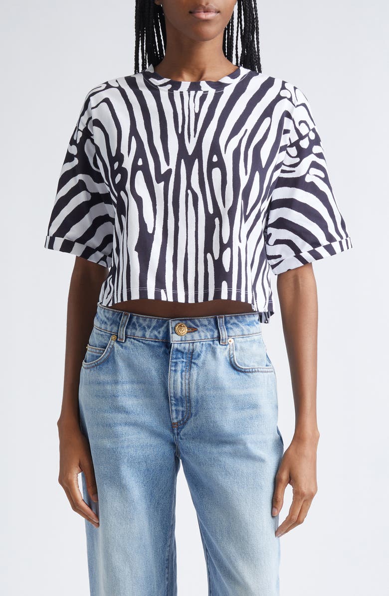 Balmain Logo Zebra Print Crop T-Shirt, Main, color, Black/ White