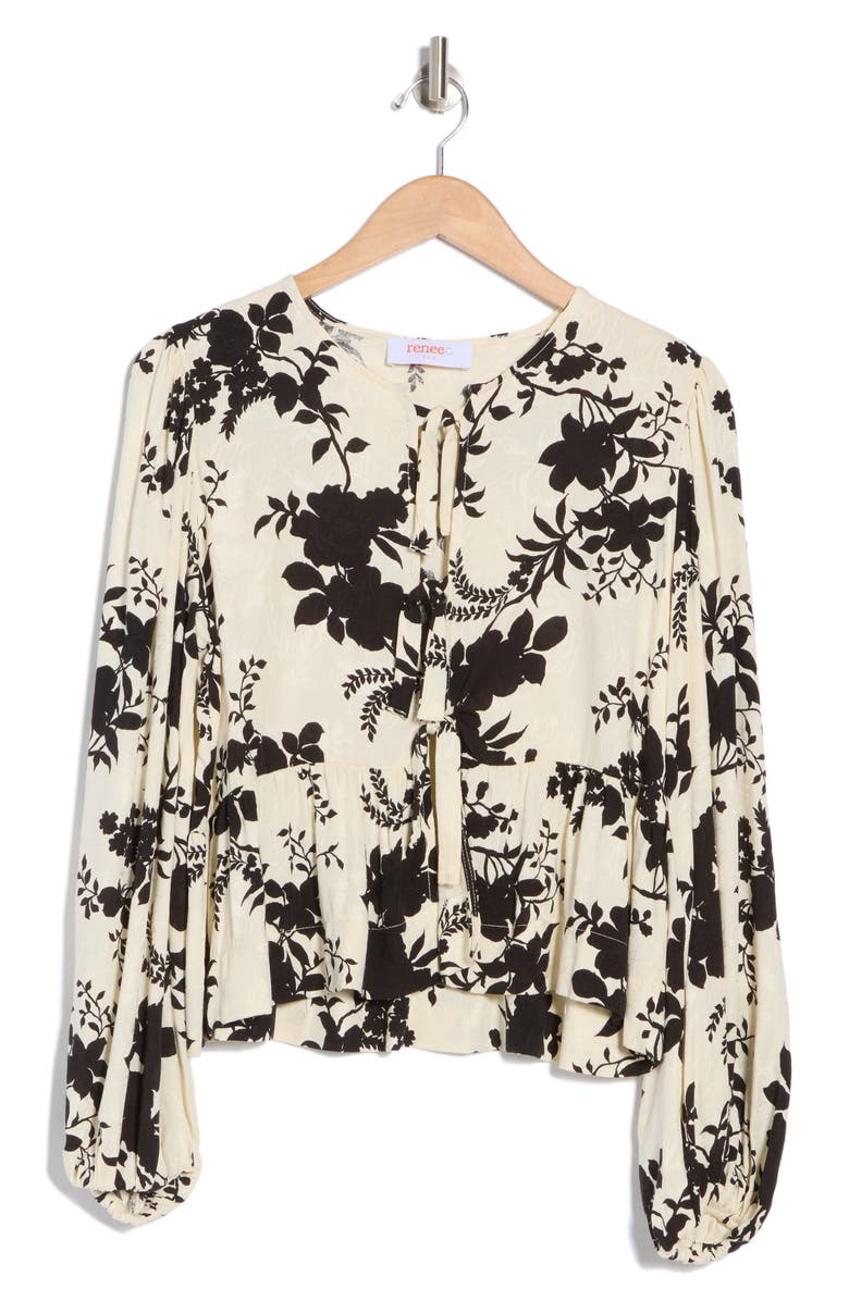 Renee C Floral Long Sleeve Tie Front Crop Top, Alternate, color, Ivory