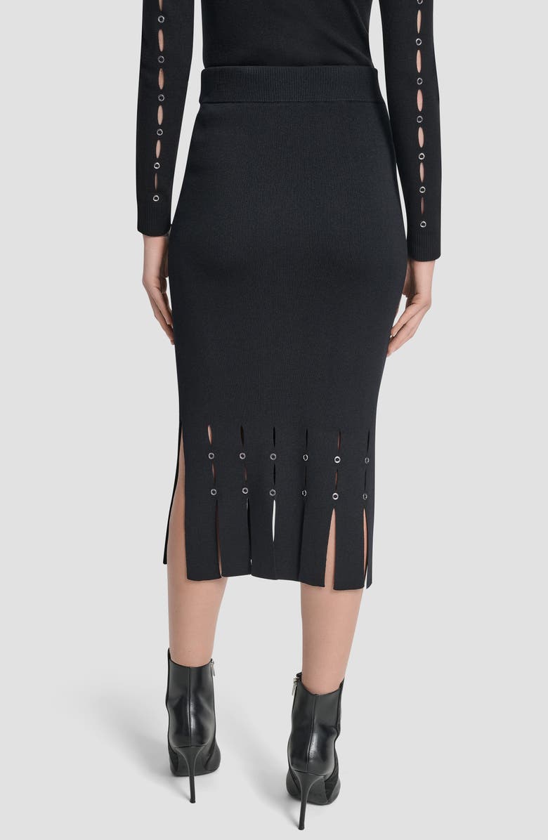 DKNY Grommet Trim Fringe Hem Sweater Midi Skirt, Alternate, color, Black