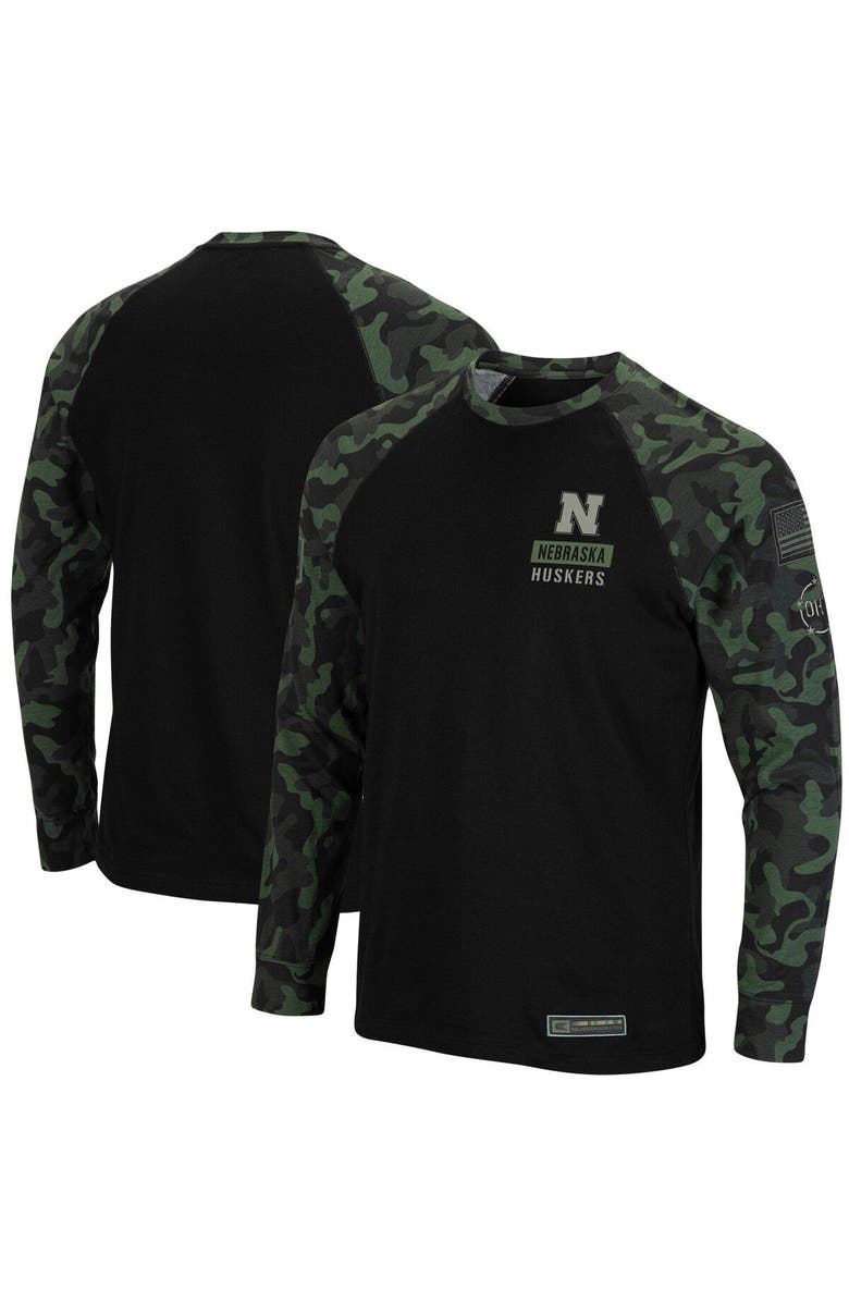 COLOSSEUM Men's Colosseum Black Nebraska Huskers OHT Military Appreciation Camo Raglan Long Sleeve T-Shirt, Main, color, Black