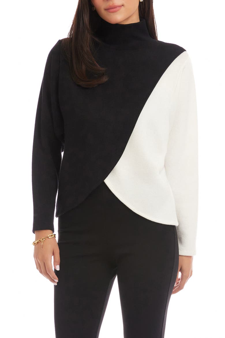 Colorblock Turtleneck Crossover Hem Knit Top, Main, color, BLACK/ IVORY