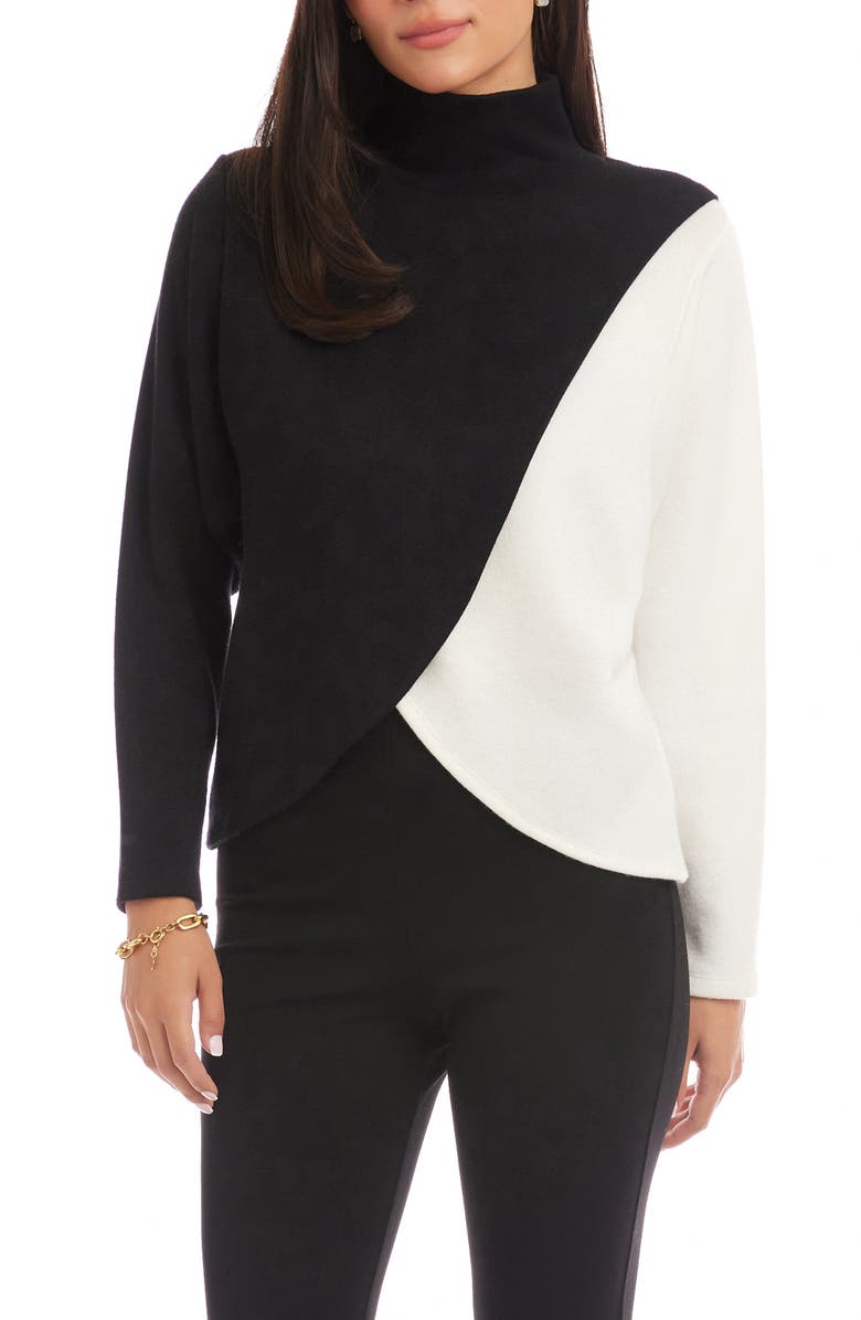 Karen Kane Colorblock Turtleneck Crossover Hem Knit Top, Main, color, Black/ Ivory