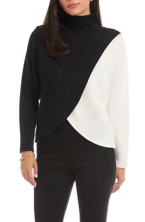 Colorblock Turtleneck Crossover Hem Knit Top
