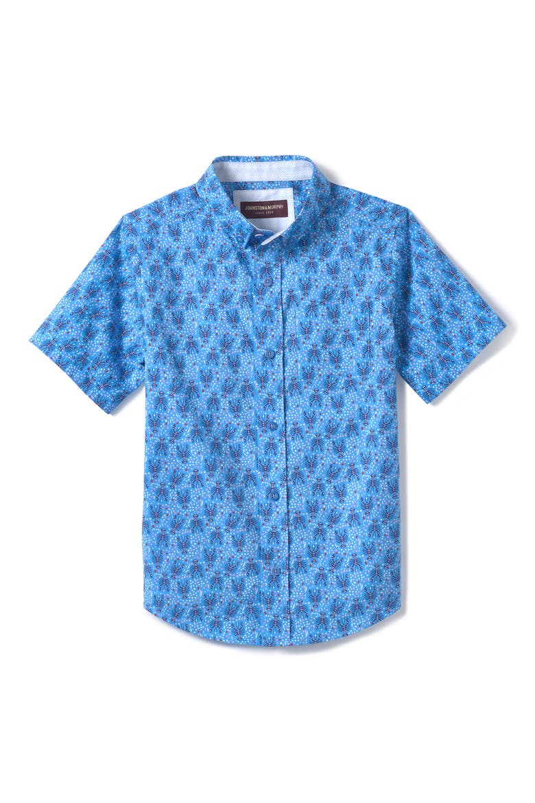 Kids' Lobster Print Short Sleeve Cotton Button-Down Shirt, Main, color, BLUE