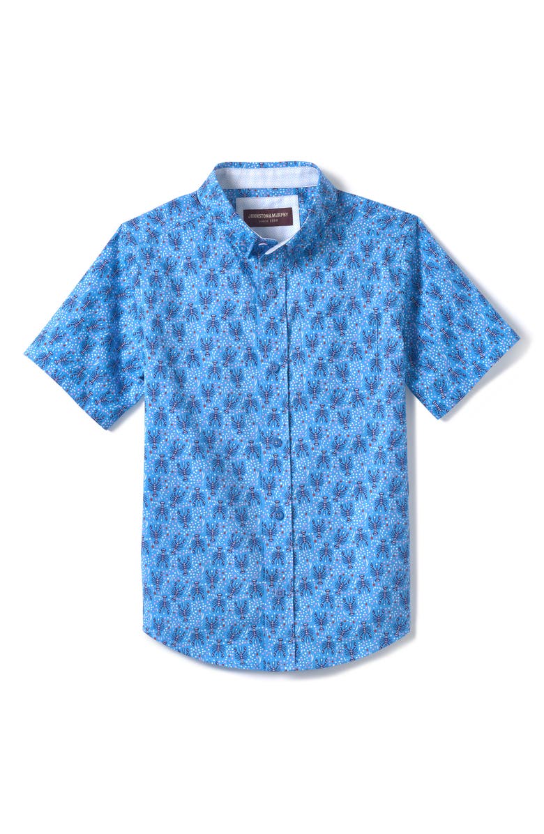Johnston & Murphy Kids' Lobster Print Short Sleeve Cotton Button-Down Shirt, Main, color, 