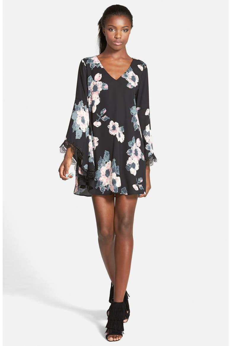 ASTR Lace Trim Shift Dress, Main, color, BLACK