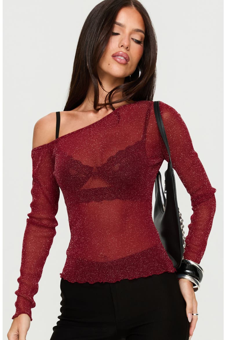Zondra Sheer One-Shoulder Long Sleeve Top, Alternate, color, RED