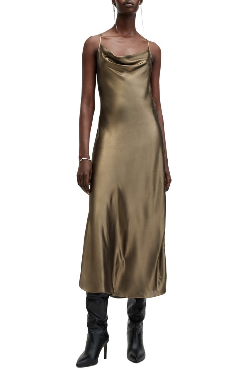 AllSaints Hadley Metallic Satin Slipdress, Main, color, Metallic Gold