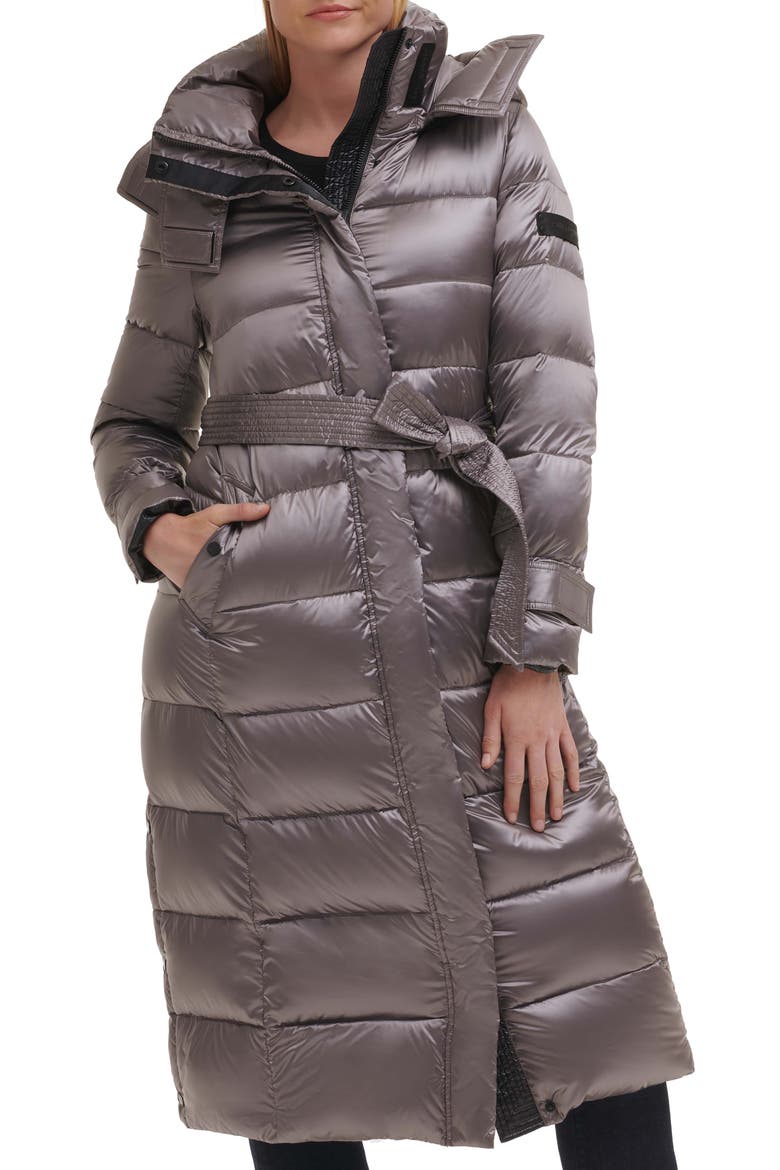 Contrast Belted Longline Puffer Jacket, Main, color, GUNMETAL
