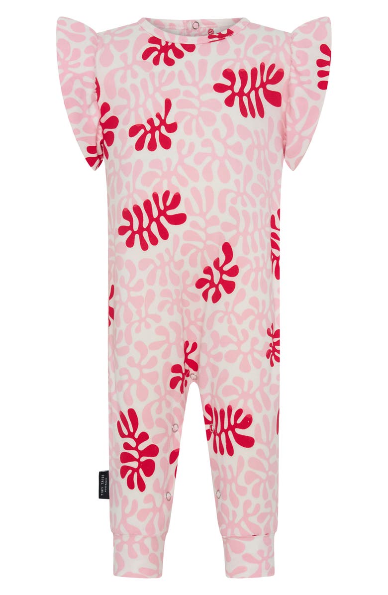 TINY TRIBE Coral Print Ruffle Shoulder Cotton Jersey Romper, Main, color, Pink