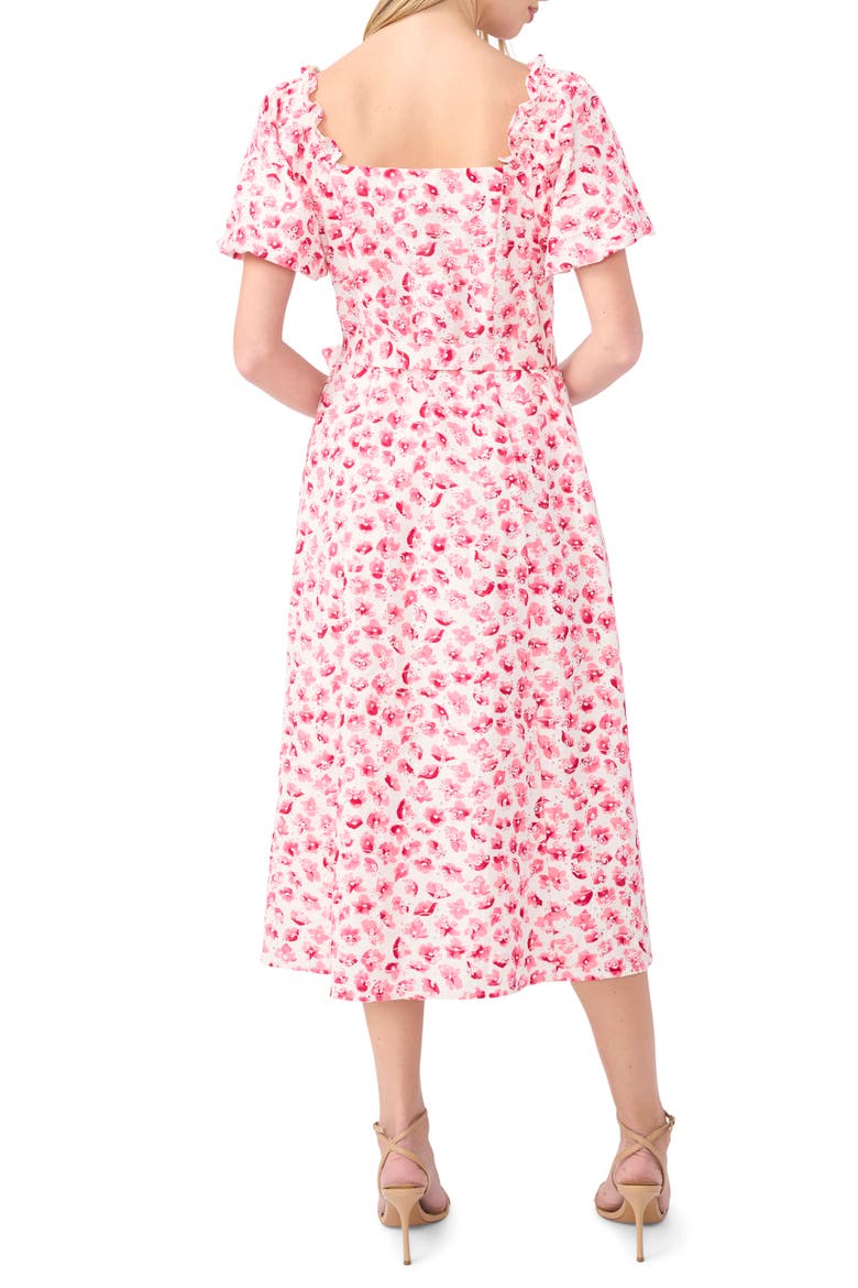 Floral Puff Sleeve Cotton Midi Dress, Alternate, color, ROSE CERISE