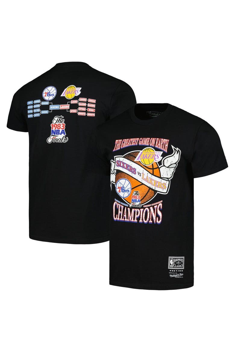 Men's Mitchell & Ness Black Philadelphia 76ers vs. Los Angeles Lakers Hardwood Classics 1983 NBA Finals Champions Victory Road T-Shirt, Main, color, Black