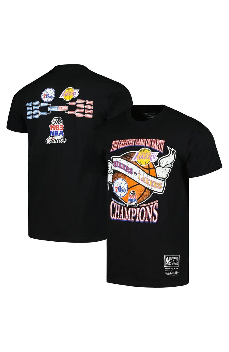 Mitchell & Ness Men's Mitchell & Ness Black Philadelphia 76ers vs. Los Angeles Lakers Hardwood Classics 1983 NBA Finals Champions Victory Road T-Shirt, Main, color, Black