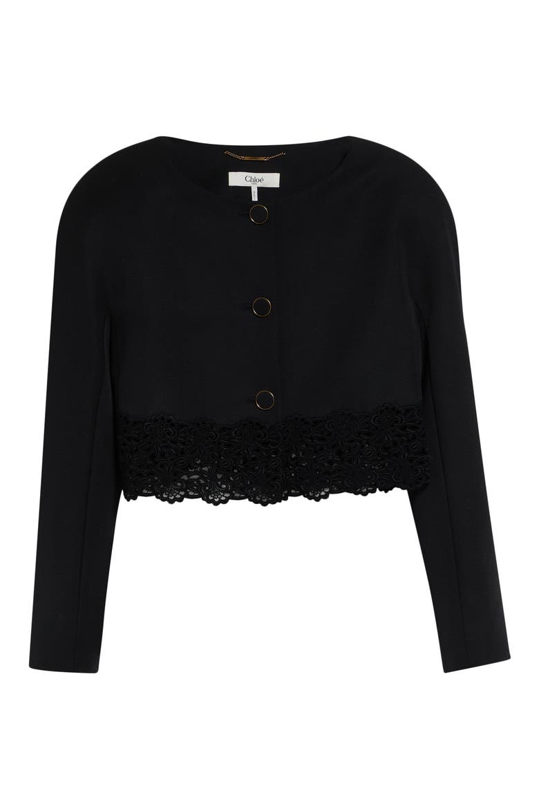 Lace Trim Crop Wool Grain de Poudre Jacket, Main, color, BLACK