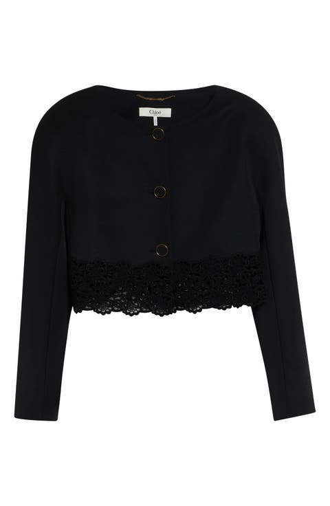 Lace Trim Crop Wool Grain de Poudre Jacket