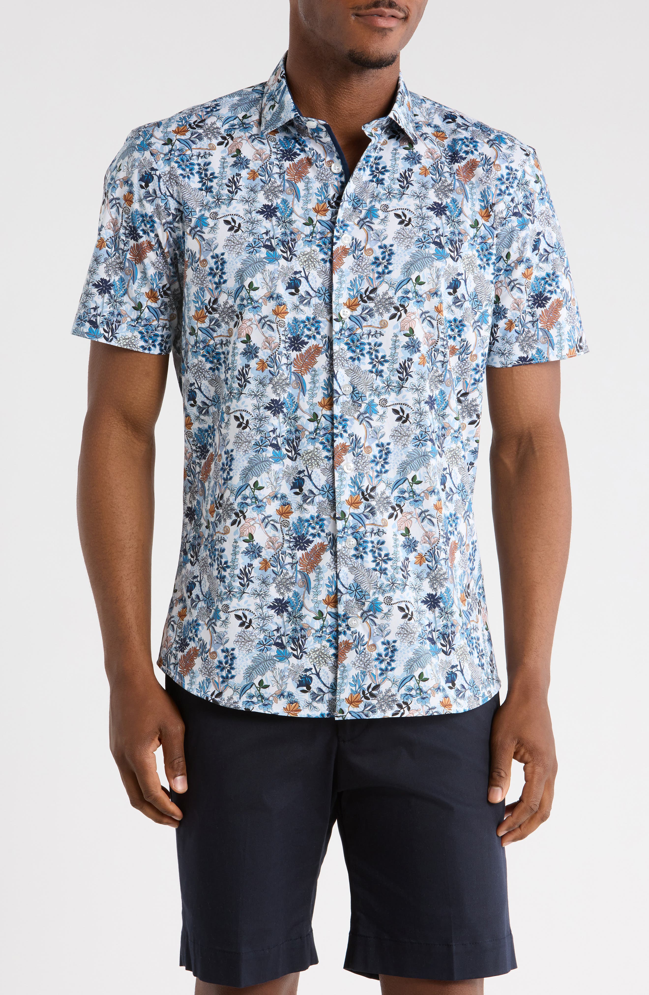 SOUL OF LONDON Botanical Print Stretch Cotton Short Sleeve Sport Shirt