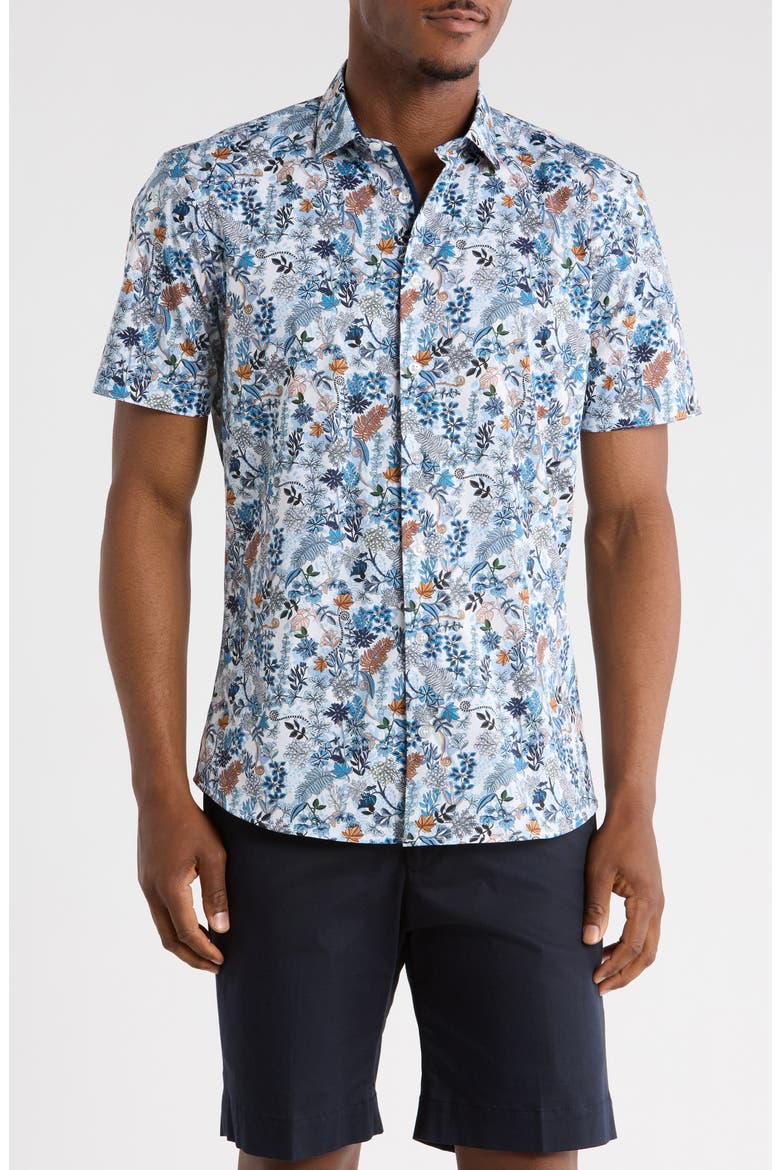 Botanical Print Stretch Cotton Short Sleeve Sport Shirt, Main, color, BLUE