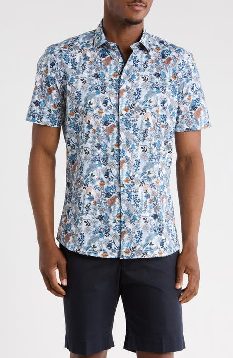 Botanical Print Stretch Cotton Short Sleeve Sport Shirt