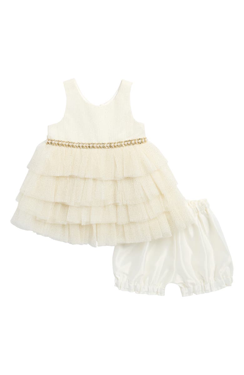 AMERICAN PRINCESS Embellished Tiered Party Dress & Bloomers, Alternate, color, Candlelight