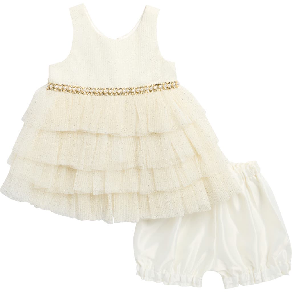 American Princess Embellished Tiered Party Dress & Bloomers In Neutral
