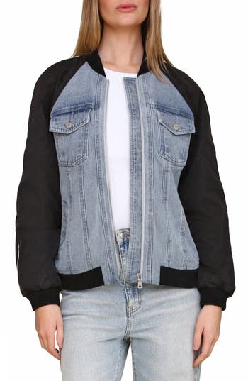 Avec Les Filles Mixed Media Denim Bomber Jacket In Light Blue Wash Navy