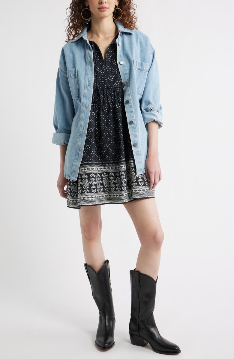 Treasure & Bond Long Sleeve Cotton Babydoll Dress, Alternate, color, Black- Ivory Boho Border