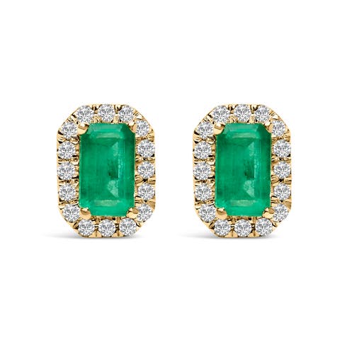 10K Gold 5x3mm Emerald-Cut Gemstone and 1/7 Cttw Diamond Halo Octagonal Stud Earrings