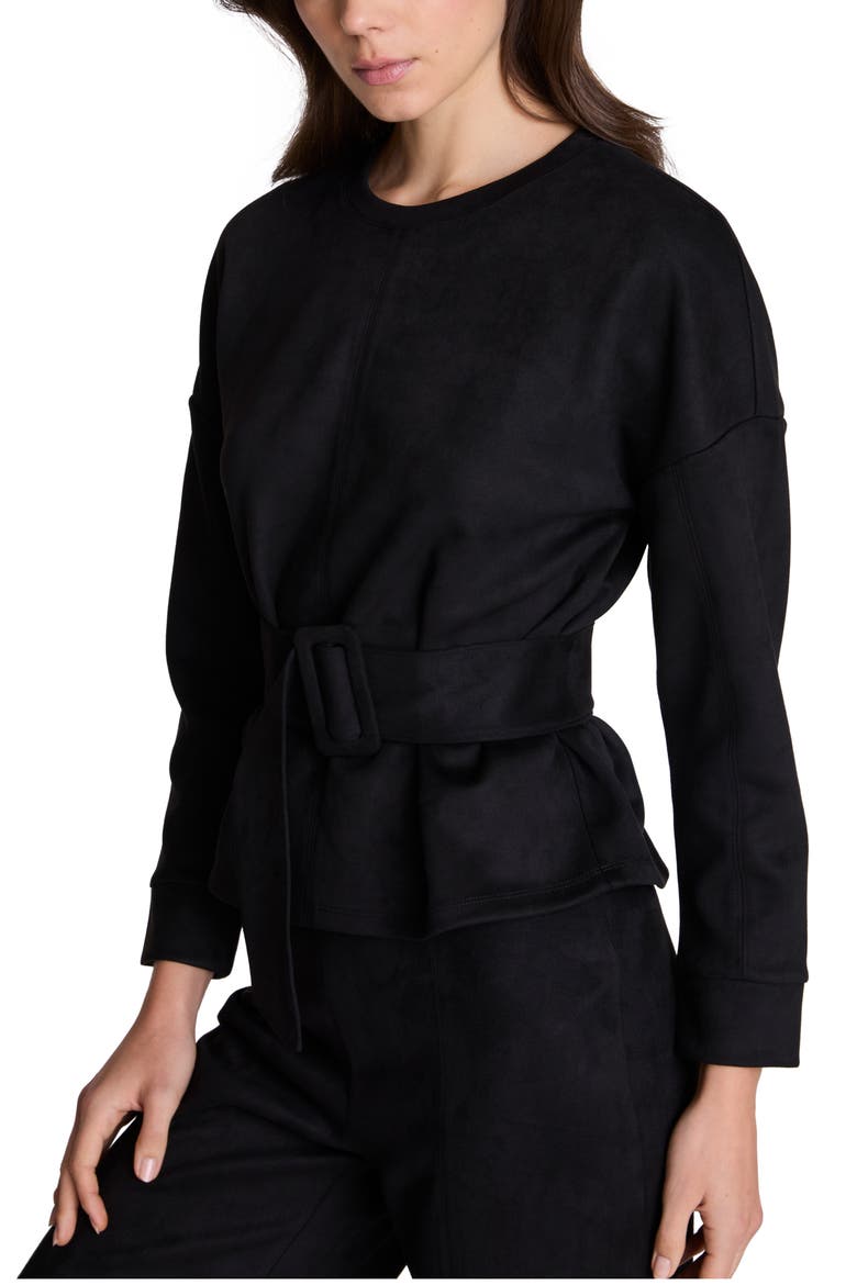 Belted Long Sleeve Crewneck Top, Alternate, color, BLACK