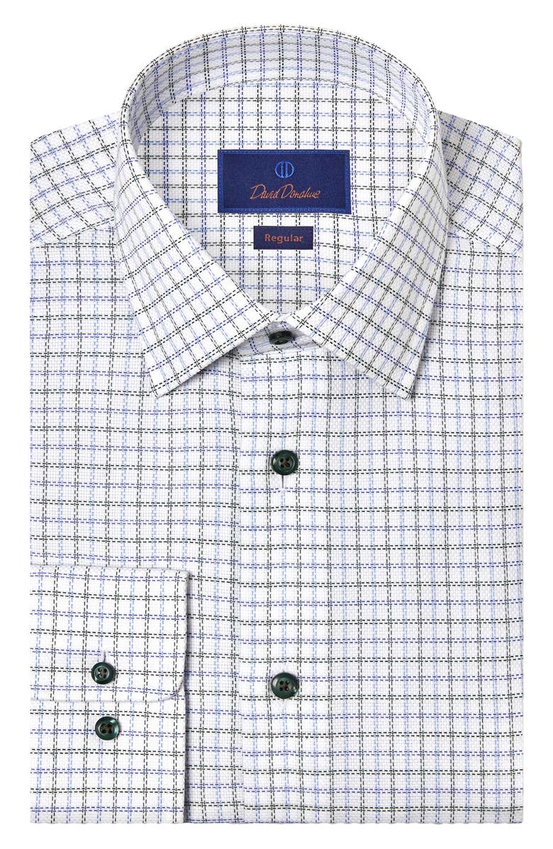 David Donahue Regular Fit Windowpane Print Cotton Dress Shirt, Main, color, White/ Blue/ Green