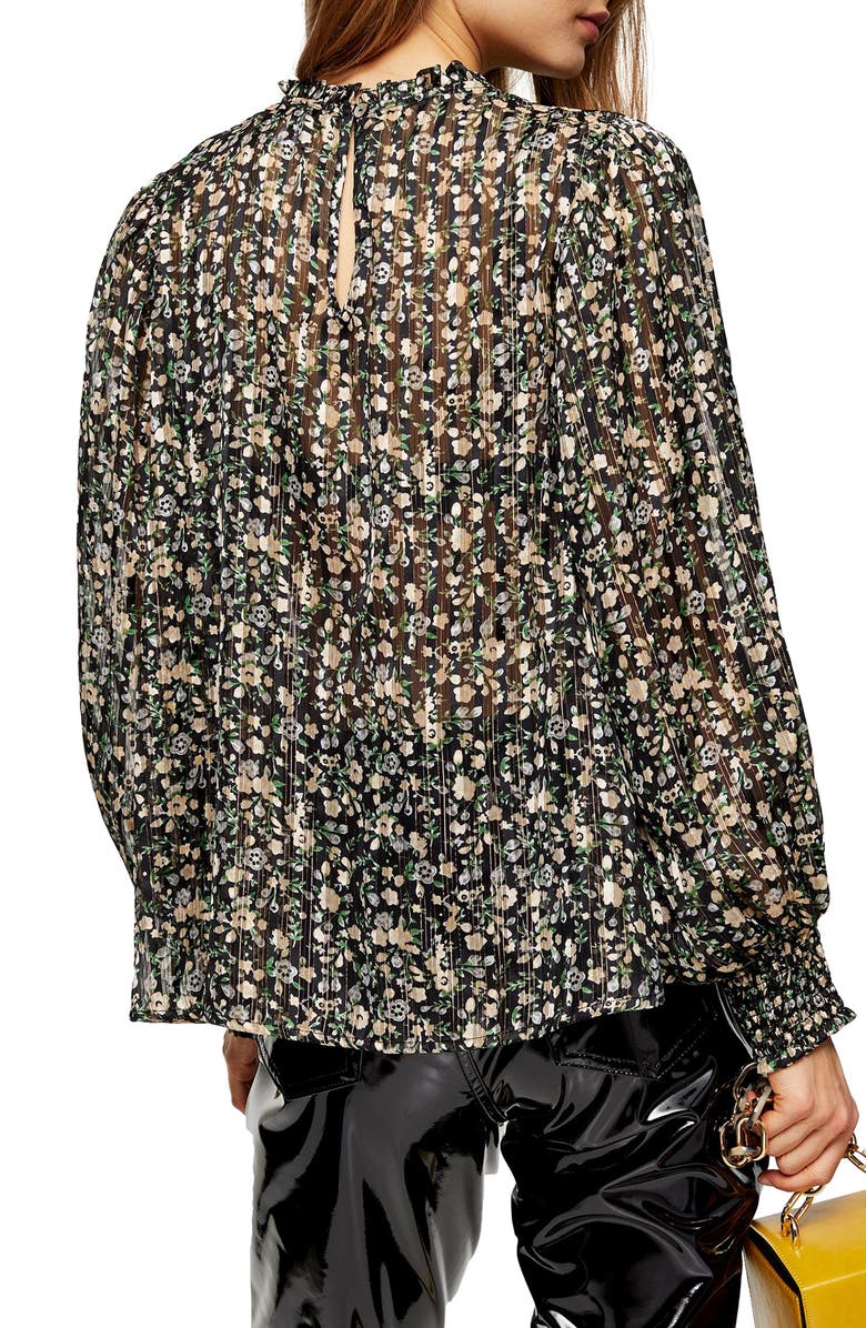 Topshop Metallic Floral Smocked Top, Alternate, color, 