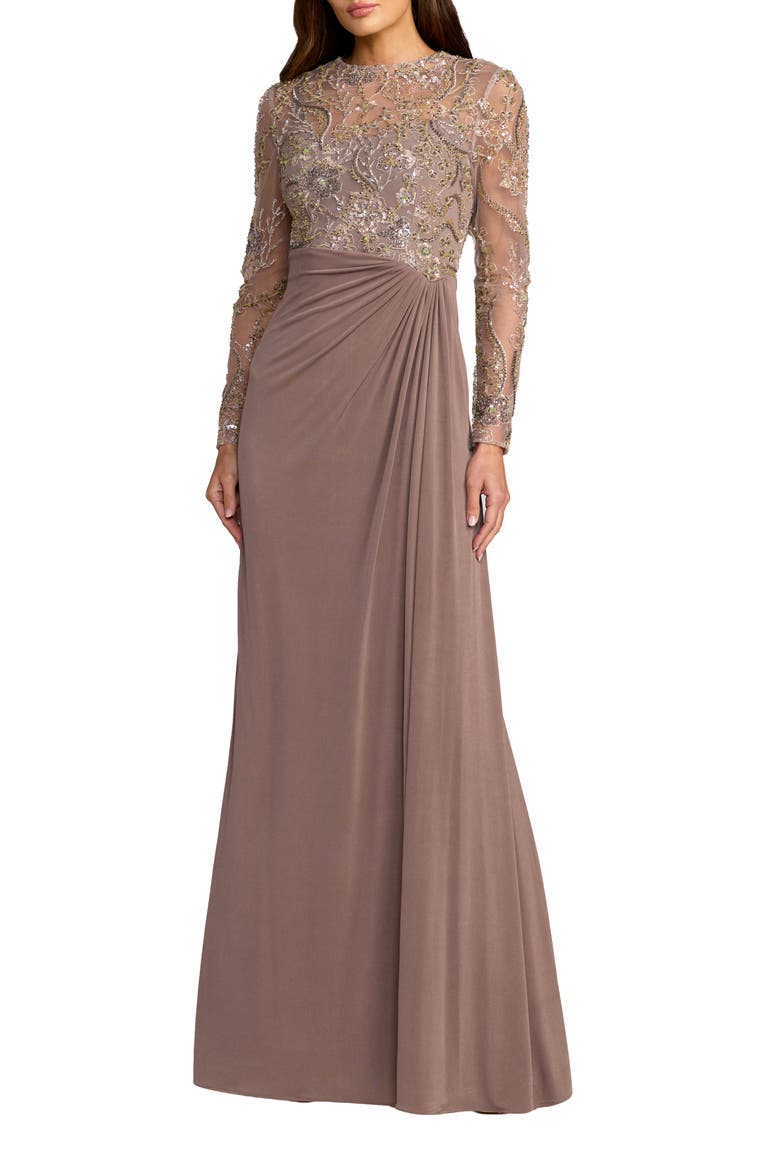 Embroidered Long Sleeve Jersey Evening Gown, Main, color, Golden Brown