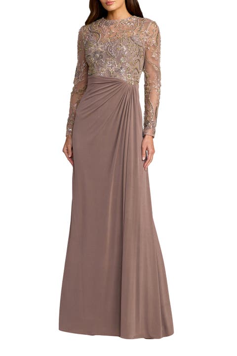 Embroidered Long Sleeve Jersey Evening Gown